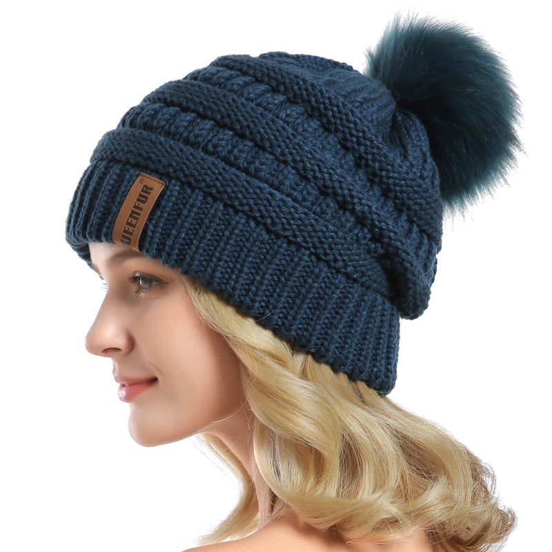 QUEENFUR Women Knit Slouchy Beanie Chunky Baggy Hat with Faux Fur Pompom Winter Soft Warm Ski Cap - Image 1